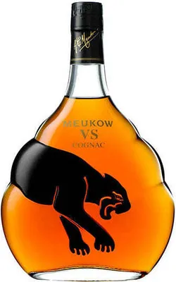 A bottle of Meukow VS Cognac with a black panther design on the front.