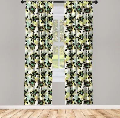 Immagine prodotto di ABAKUHAUS Tende floreali, tende, stile grunge con fiori disegnati a pennellate - arte da giardino, 2 pezzi 75 x 175 cm, grigio antracite multicolore