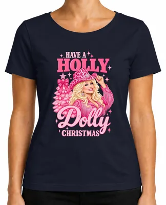 Immagine prodotto di Maglietta da donna a tema "Holly Dolly Christmas", stile cowgirl country western, colore blu navy, taglia 3XL