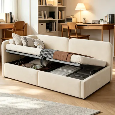 Produktbild von STILVORA Polsterbett 90x200 cm mit hydraulischem Stauraum und hohem Kopfteil, Schlafsofa mit austauschbarer Rückenlehne, Stauraumbett Beige,Samt