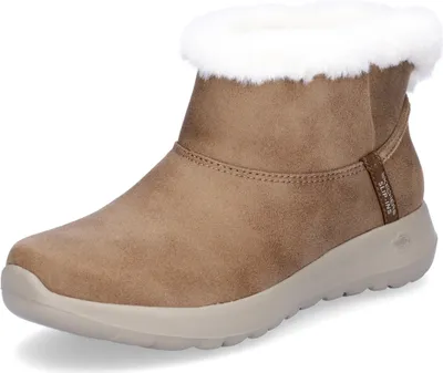 A single brown boot with white fur trim is shown against a white background.