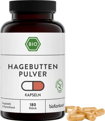 Produktbild von Hagebutten Kapseln | 180 Kapseln | Hagebuttenpulver - 3000 mg je Tagesdosis | vegan + ohne Zusätze | bioKontor