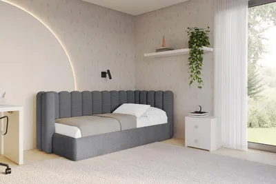Produktbild von ALTDECOR Jugendbett mit Bettkasten HUGY - 90x200 - Dunkelgrau - Poso 115 - Links angeordnet - Einzelbett mit Stauraum - Polsterbett Kinderbett