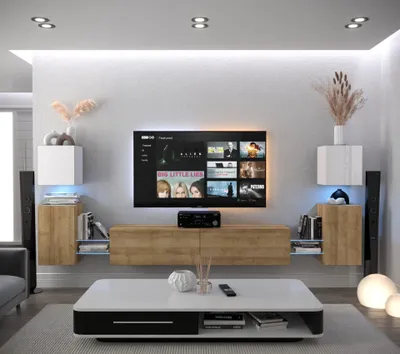 Produktbild von Furnitech Wohnwand Wohnzimmer - Wohnzimmer Möbel mit LED Weiß - Hängend Wohnwand Modern - Regale und TV Schrank (AN105-21WDZ-HGM5 1C)