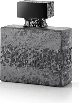 A perfume bottle with a textured gray body and a black cap.