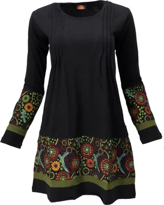 Produktbild von Baumwoll Minikleid Boho Chic, Langarm Tunika - Schwarz/grün, Damen, Baumwolle, Größe: S
