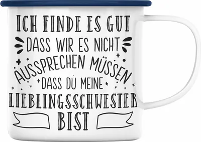 Produktbild von Trendation - Lieblingsschwester Emaille Tasse Geschenk für Schwester Spruch Schwester Emaille Emaille Tasse Geschenkidee Sprüche (Blau)