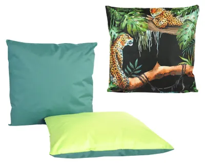 Produktbild von JACK 3er Set Outdoor Lounge Kissen 45x45cm 1x Motiv + 2x Wende Dekokissen inkl. Füllung Wasserfest Sitzkissen Garten Stuhl, Farbe:Leoparden