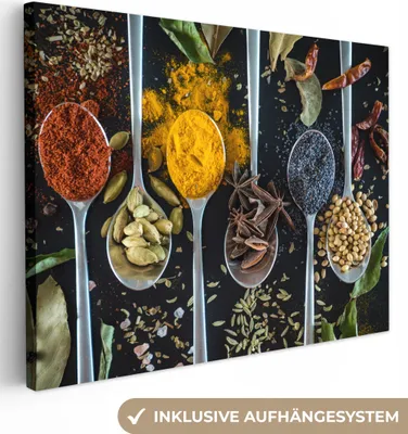 Produktbild von MuchoWow® - Leinwandbilder - Gewürze - Löffel - Schwarz - Küche, Wandbild, Wanddeko Bilder Wohnzimmer, 120x90 cm