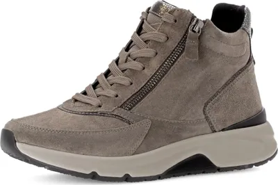 A studio shot of a single gray high-top sneaker.
