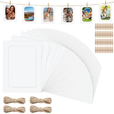 Productafbeelding van Fotogirlanden - 40 papieren fotolijstjes met touw en klemmetjes - Wanddecoratie voor foto's