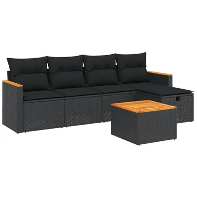 Image de ensemble de salon de jardin 6 pièces avec coussins Noir Poly Rattan