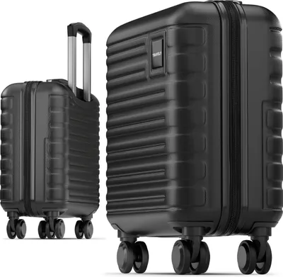 Two black suitcases are shown against a white background. One is larger and in the foreground, while the other is smaller and in the background.