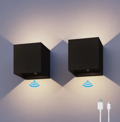 Produktbild von Calex Volterra Wandleuchte, für Außen & Innen, warmweißes Up & Down Licht, Akku aufladbar mit USB-C, kabellos, Bewegungsmelder, wasserdicht, Schwarz, 2er Pack
