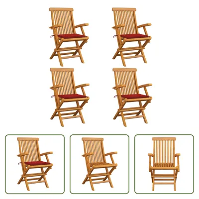 Produktbild von The Living Store Gartenstühle mit Roten Kissen 4 Stk. Massivholz Teak