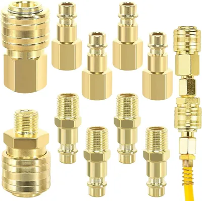 A collection of brass pneumatic quick connectors and fittings arranged on a white background.