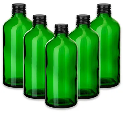Produktbild von 5x Grüne Glasflasche 100 ml mit schwarzem Aluminium Schraubverschluss