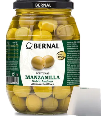 Produktbild von Bernal Aceitunas Manzanilla Sabor Anchoa, Grüne Oliven Sardellengeschmack mit Kern (950g Glas) + usy Block