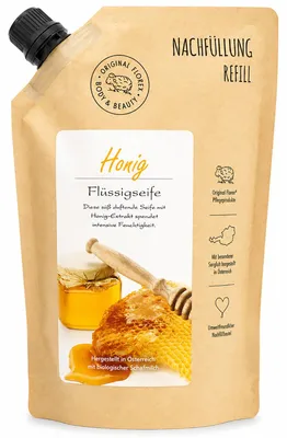 Produktbild von Flüssigseife mit biologischer Schafmilch 500ml im Nachfüll-Beutel, Honig