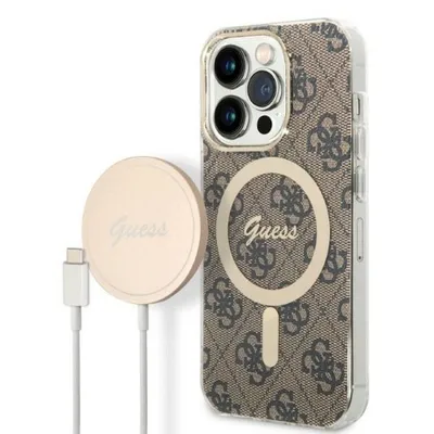 Produktbild von Guess Bundle Pack MagSafe 4G - MagSafe iPhone 14 Pro Tasche + Ladegert Set (braun/gold)