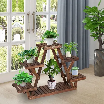 Produktbild von Pflanzenregal Outdoor, Blumenbank für draussen, Blumenregal Balkon, Blumenstaender Holz, Pflanzentreppe Balkonregal 99x25x64 cm