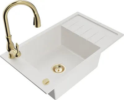Produktbild von Mexen Elias 1 Becken-Granitspüle mit Abtropffläche und Mischbatterie Savita, Weiß - 6511-20-672601-50