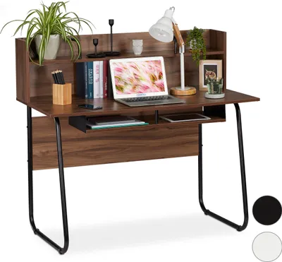 Produktbild von Relaxdays Schreibtisch, Ablagefläche unter Arbeitsplatte, Zusatzablage, Kabeldurchlass, HBT 109x120x60 cm, braun/schwarz