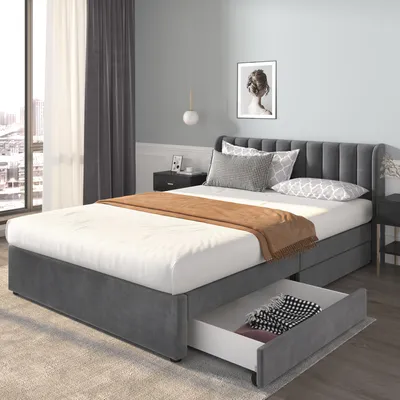 Zdjęcie produktu dla Łóżko tapicerowane 160 x 200 cm, z szufladami, stelażem, idealne do pokoju dziecięcego i młodzieżowego, obicie z weluru, kolor: szary
