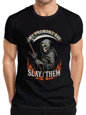 Immagine prodotto di Maglietta da uomo "My Pronouns Are Slay Them Grim Reaper Skelett Regenbogen Pride", nera, taglia L