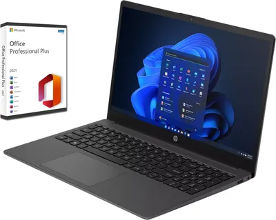 A laptop and a Microsoft Office box are displayed on a white background.