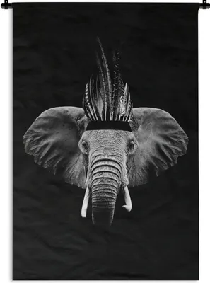 Produktbild von MuchoWow® Wandteppich Wandbehang Elefant mit indischem Käfig vor schwarzem Hintergrund - schwarz und weiß 60x90 cm Tapisserie Dekoration Wandtuch - Foto-Teppich - Abwaschbar