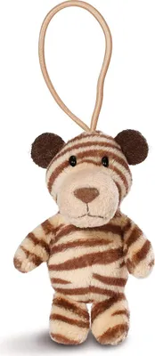 A small plush toy tiger with brown and beige stripes, hanging from a loop.