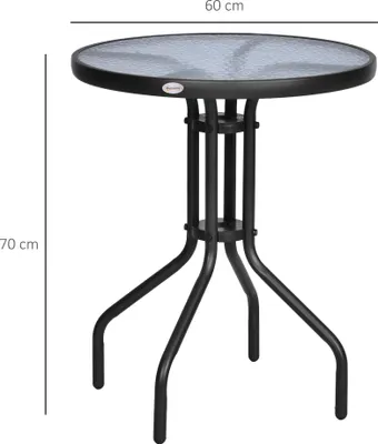 A round glass-top bistro table with a black metal base, shown against a white background with dimensions indicated.