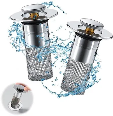 Zdjęcie produktu dla Ibenzoa® Korek do umywalki 2-w-1 z sitkiem odpływowym – srebrny, stal nierdzewna (304) chromowana, typu pop-up, uniwersalny, średnica 34–40 mm, zawiera uszczelki gumowe, 1 sztuka