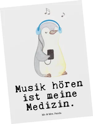 Produktbild von Mr. & Mrs. Panda Postkarte Pinguin Musik hören - Weiß - Geschenk, Lieblingssong, Ansichtskarte, Ansichtskarten, Postkarten, Grußkarte, bildkarte