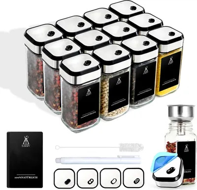 Produktbild von Gewürzgläser Set - 12-teiliges Gewürzdosen Set - Glas 120 ml - Wasserdichte Etiketten - Drehstreuverschluss - Wiederverwendbar - Transparent