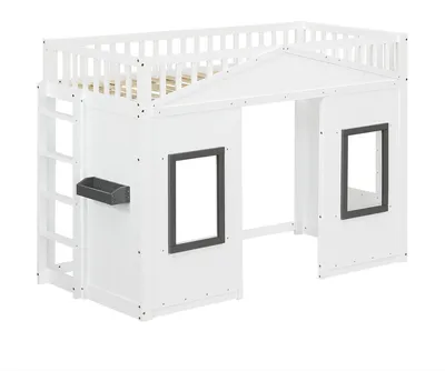 Immagine prodotto di Letto a soppalco per bambini - Letto a castello - 90 x 200 cm - Realizzato in legno massello e MDF - Con spazio contenitivo - Scala - Ringhiera di sicurezza - Finestra