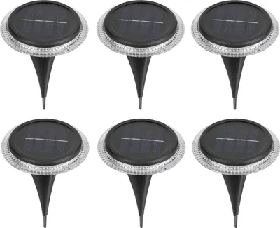 Produktbild von Näve Leuchten LED Solarleuchte KANE mit LED Platine LED Solarleuchte KANE mit LED Platine Solarleuchte - 6er-Set Solar-/Bodenerdspieß "KANE" Ø: 11,2cm, im Modern Style aus Kunststoff in schwarz, 11 cm hoch, Ø 11,2 cm, LED Platine – Dämmerungssensor – Schiebeschalter