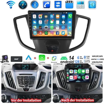 Zdjęcie produktu dla Radio samochodowe 9 cali do Ford Transit Custom (2015-2019), system Android 15, nawigacja GPS, ekran dotykowy, CarPlay, Android Auto, radio DAB+ FM, 6 GB pamięci RAM, 128 GB pamięci ROM, Bluetooth, Wi-Fi