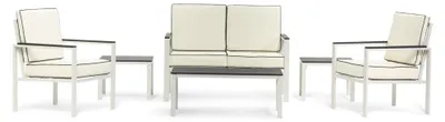Produktbild von Gartenmöbel-Set aus Stahl und Polyethylen in Holzoptik mit Sofa, 2 Sesseln, 3 Beistelltischen und abnehmbaren Kissen, ideal für Terrasse, Veranda und Garten Taormina