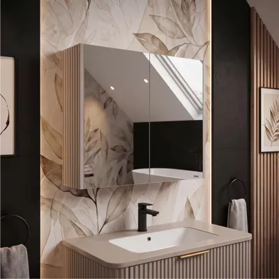 Produktbild von Rodan Spiegelschrank - 80 cm - Kaschmir - geriffelte Seitenblenden - grifflos - 2-türig - ELEGANCE