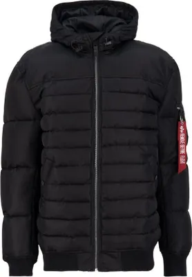 A black puffer jacket with a hood, displayed front-on against a white background.