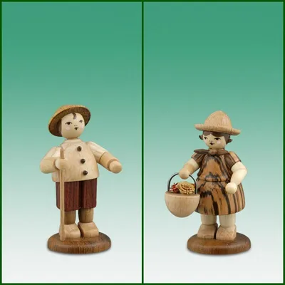 Produktbild von Holzfiguren Bauernpaar mit Wanderstock und Blumenkorb natur Höhe 7cm NEU