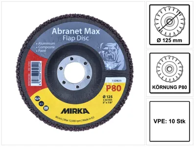 Produktbild von Mirka Abranet Max Flap disc T29 125 mm 22 mm ALOX 80 10 Stück ( 10x 8896700180 ) Fächerscheibe für Aluminium, Verbundstoffe, Lack
