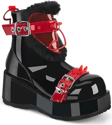 Produktbild von CUBBY-57 DemonaCult Damen Stiefeletten Vinylherz Fellbesatz Gummi Spikes schwarz rot Lack