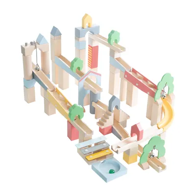 Productafbeelding van Wooden Marble Run - ROBA - 20 Glass Marbles - 60 Building Blocks - Natural / Sky Blue / Yellow / Coral