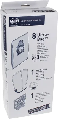 A product box for Sebo vacuum cleaner bags and filters.