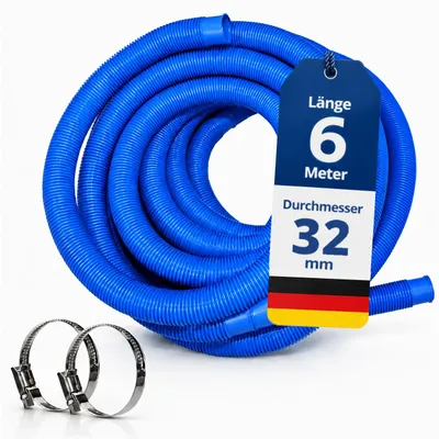 Produktbild von HAF Hochwertiger Pool Schwimmbadschlauch 32mm Blau 6 Meter | Poolschlauch für Garten & Schwimmbad | Solarschlauch + 2x Edelstahl Schlauchschellen