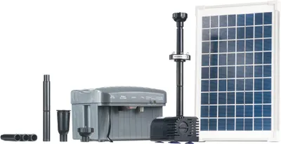 A solar-powered pond pump kit is displayed against a white background.