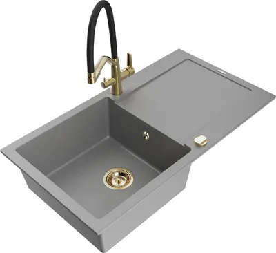 Produktbild von Mexen Leo 1 Becken-Granitspüle mit Abtropffläche und Mischbatterie Duo, Grau - 6501-71-671701-57-G